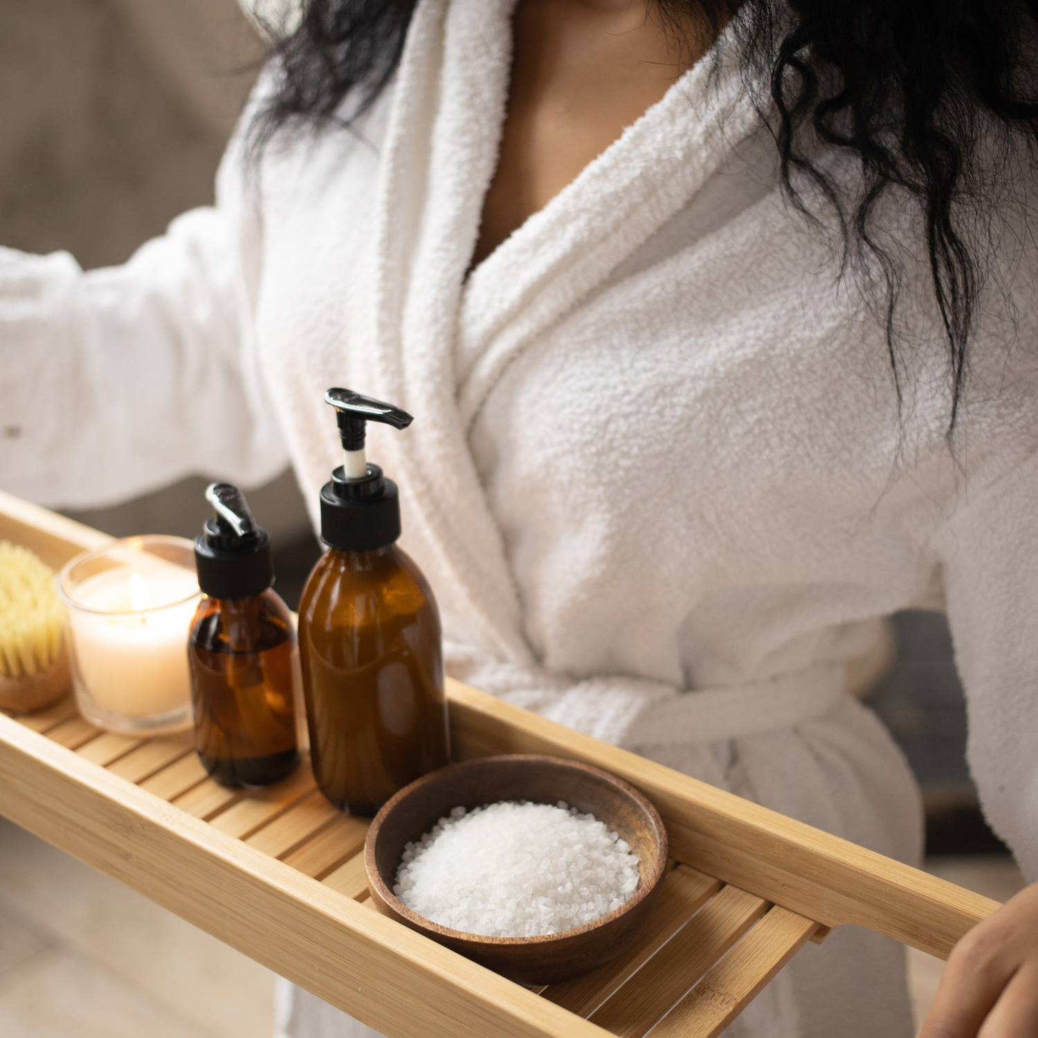 Self-care essentials collection featuring silk sleepwear, wellness products, relaxation tools, cozy comfort items, and daily self-care accessories for women.