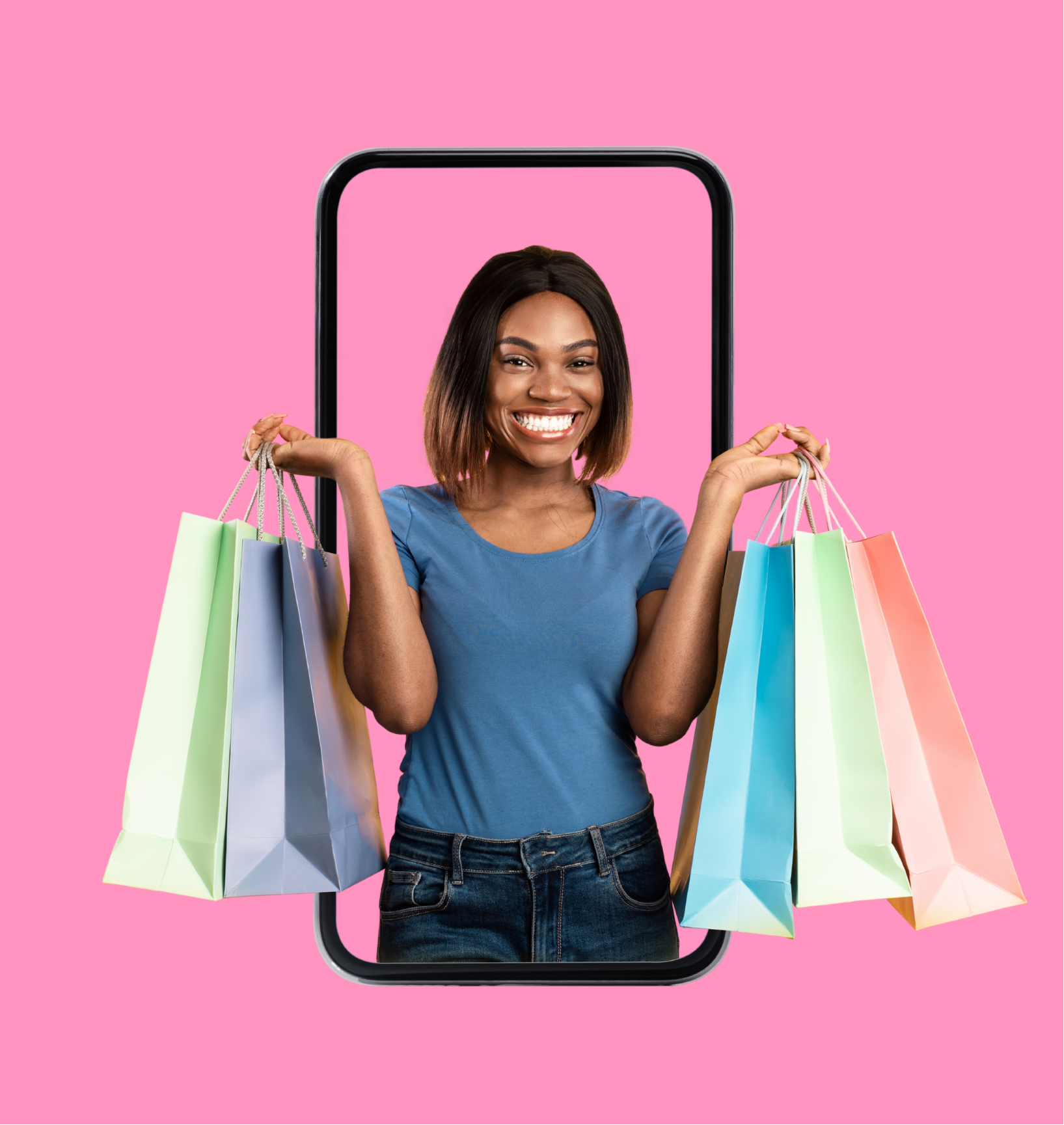 Woman holding shopping bags with a pink background