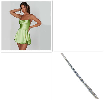 Slim Strap Satin Backless Lace Up A-Line Short Dress