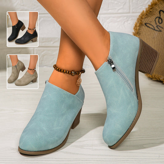 Stylish Side Zipper Chunky Heel Ankle Boots