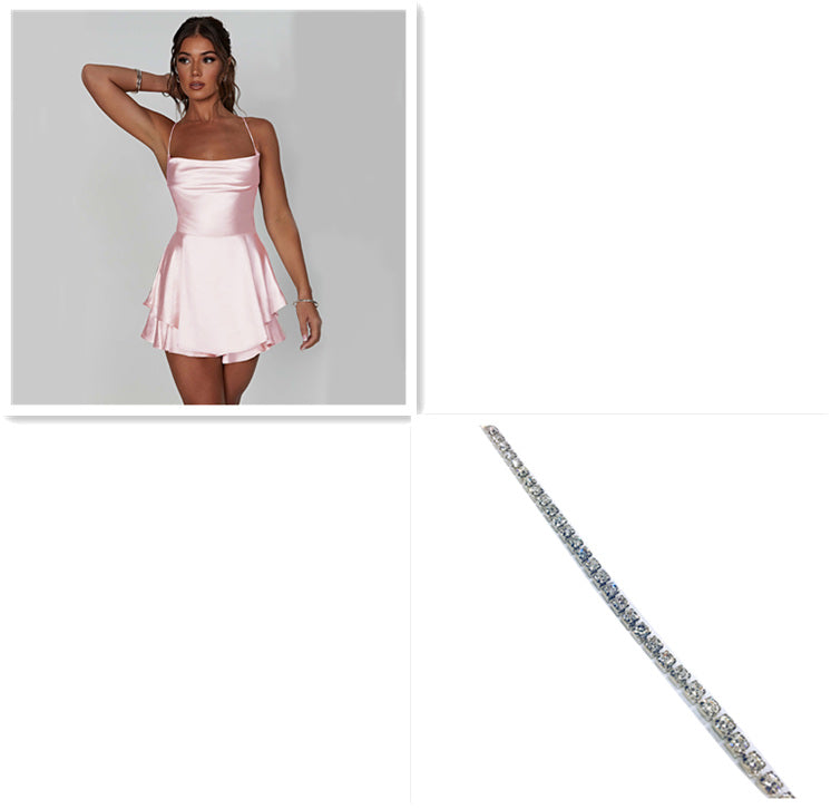 Slim Strap Satin Backless Lace Up A-Line Short Dress