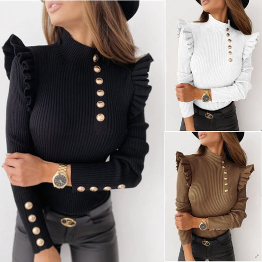 Elegant Ruffled Long-Sleeve Button Blouse
