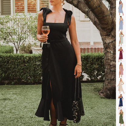 Temperament Suspender Split Dress With Lace-up Design