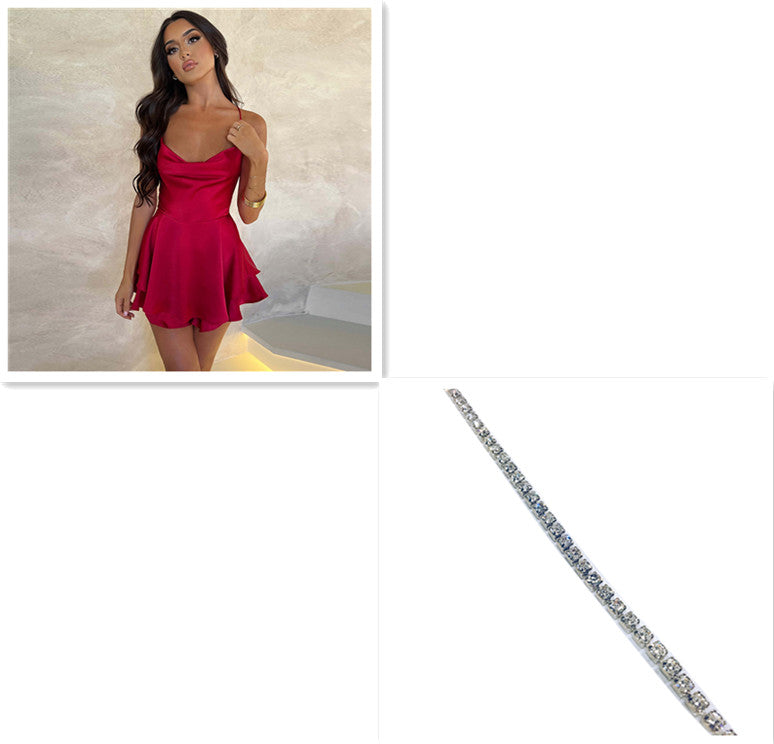 Slim Strap Satin Backless Lace Up A-Line Short Dress