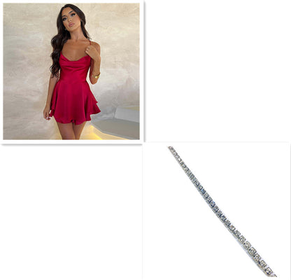 Slim Strap Satin Backless Lace Up A-Line Short Dress