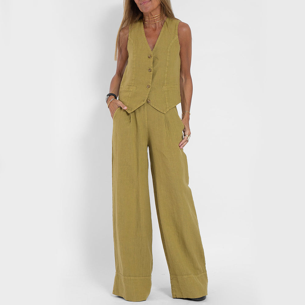 Summer Vest V-neck Button Sleeveless Top And Loose Straight Trousers
