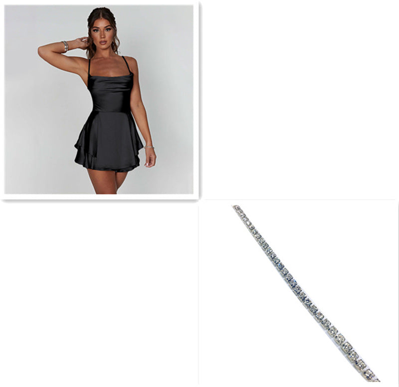 Slim Strap Satin Backless Lace Up A-Line Short Dress