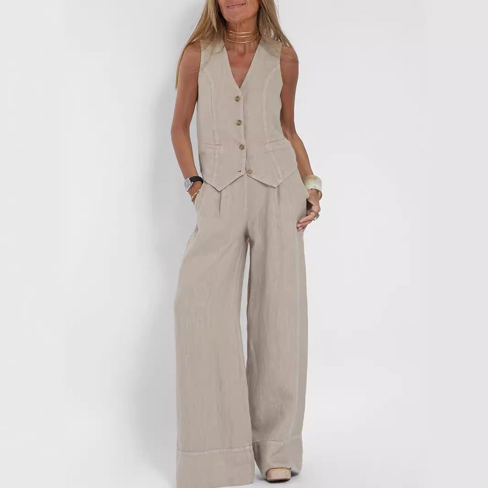 Summer Vest V-neck Button Sleeveless Top And Loose Straight Trousers
