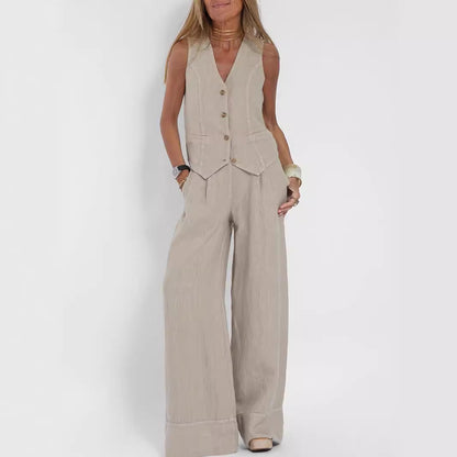 Summer Vest V-neck Button Sleeveless Top And Loose Straight Trousers