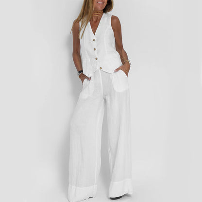 Summer Vest V-neck Button Sleeveless Top And Loose Straight Trousers